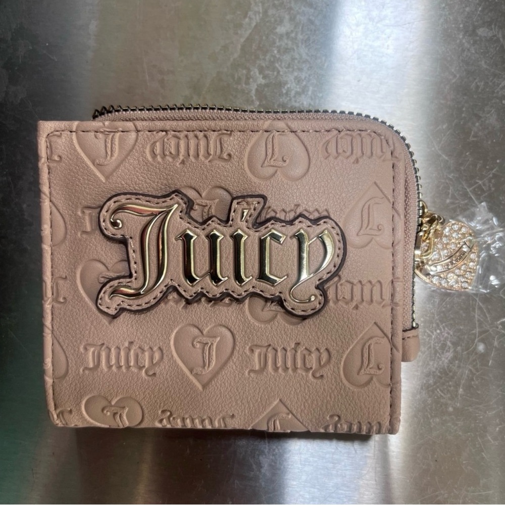 Juicy Couture Taupe Embossed Logo Zip Wallet with Gold Plaque